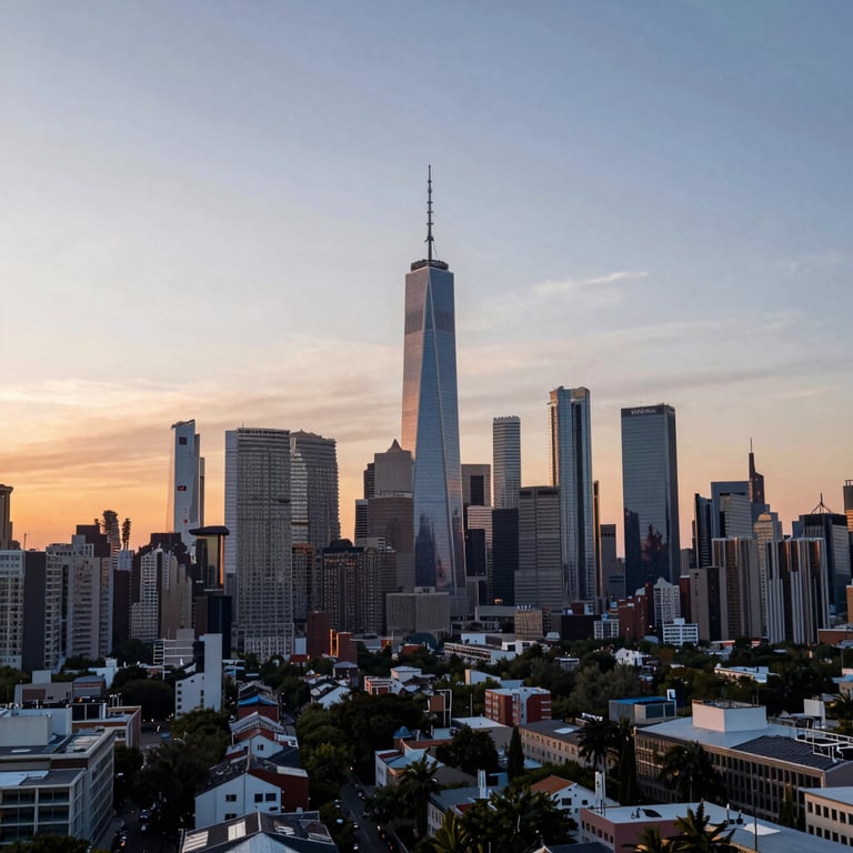 A wide-angle landscape of a modern city skyline at sunset, representing the global reach and financial success of digital creators.