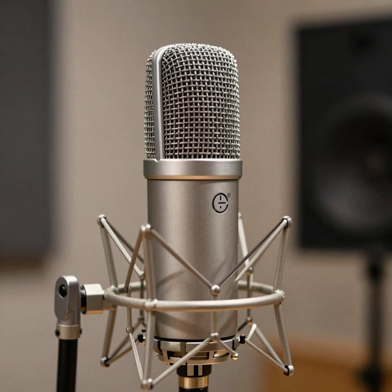Macro shot of a high-quality professional microphone in a sound-treated room, symbolizing clarity and education.
