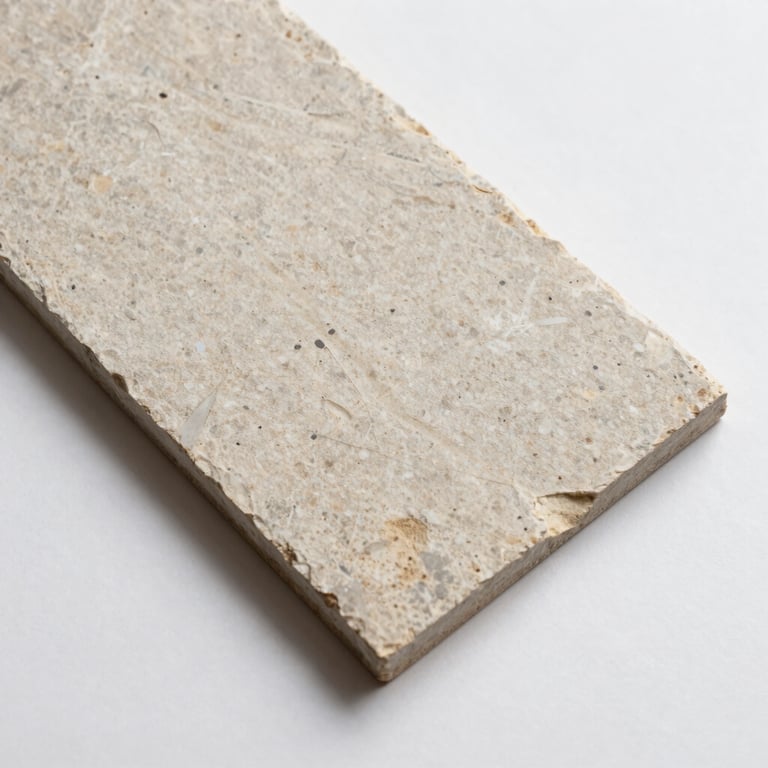 Overhead studio shot of a stone tile sample on a white surface — grain, veining and cut edge sharply lit, no shadow ambiguity, no decorative objects