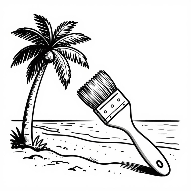 Black and white line art of a paintbrush over a tropical beach with a palm tree.