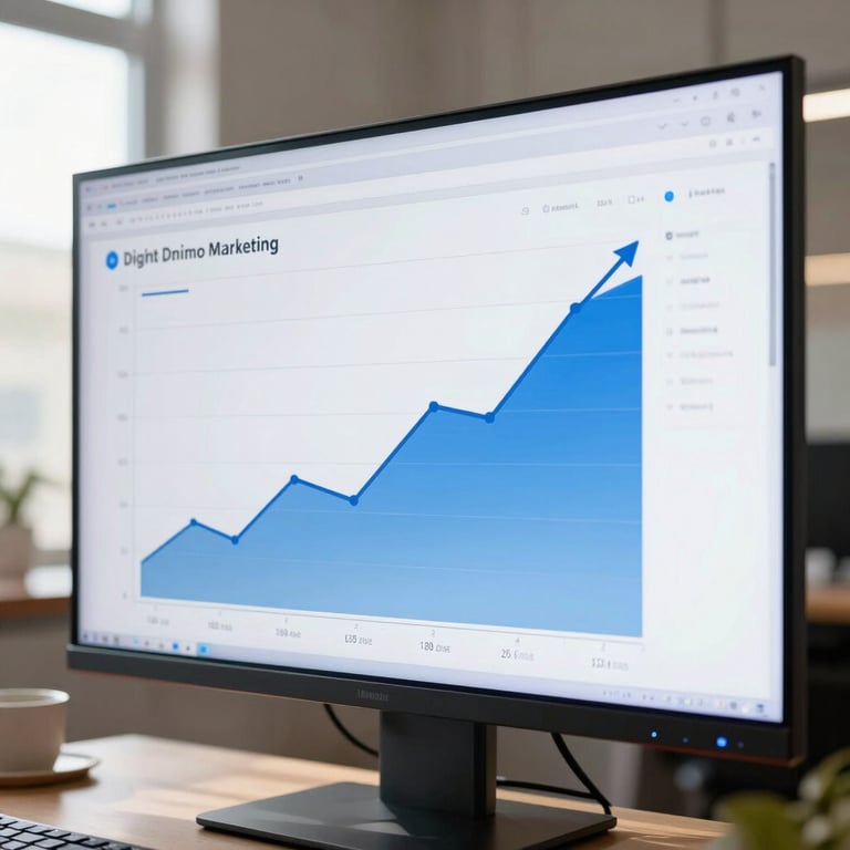 A digital marketing dashboard displayed on a large screen in a sunlit room, showing upward-trending growth graphs in blue hues.