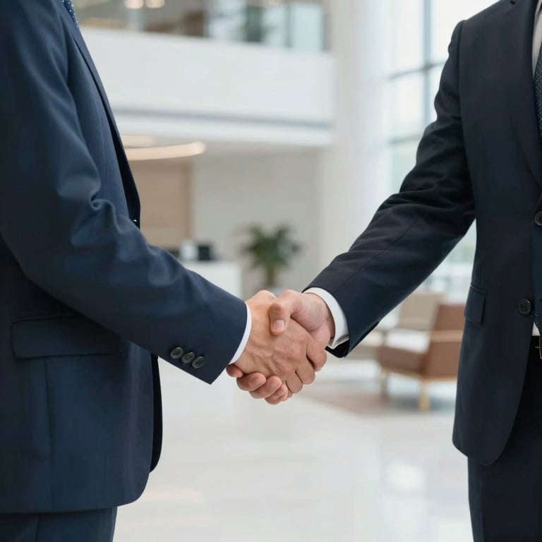 A firm, professional handshake between two business people in a bright, modern lobby with a professional and trustworthy atmosphere.