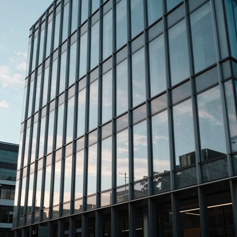 The modern glass facade of a corporate building in Europe reflecting a pale sky blue morning sky.