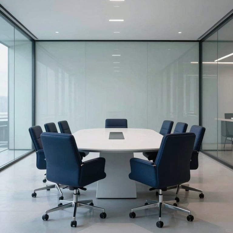 A wide-angle shot of a minimalist, glass-walled meeting room featuring deep navy blue chairs and an ice white conference table.