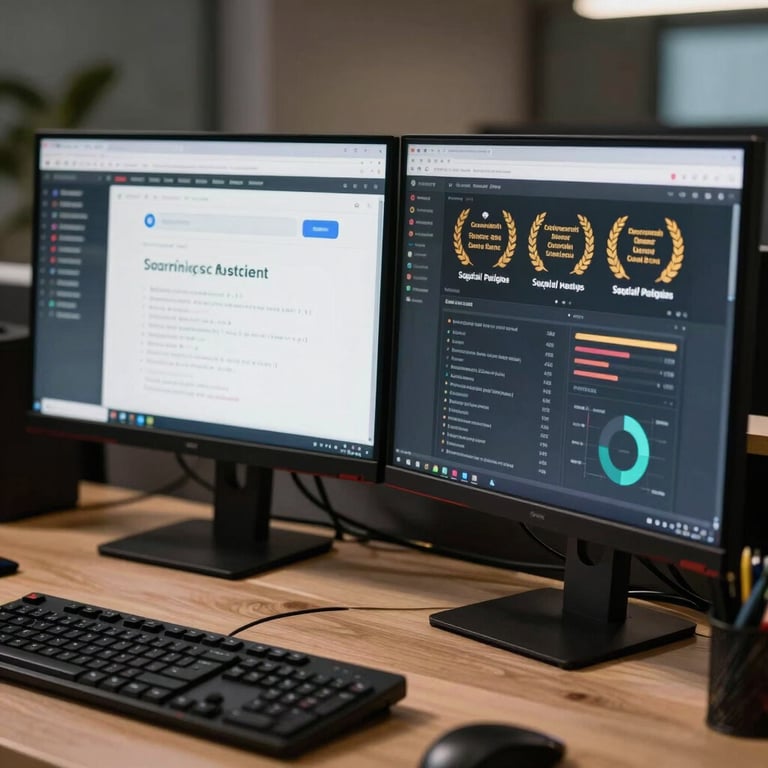 A professional workspace with dual monitors showing search engine optimization tools and social media analytics.