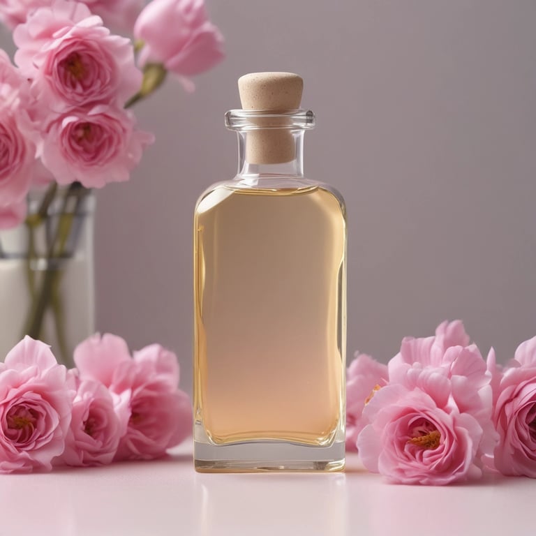 Small glass bottles filled with golden tinctures surrounded by fresh herbs.