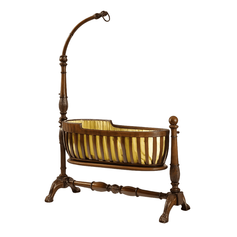 Elegant antique wooden baby cradle with gold silk lining and ornate hanging post.