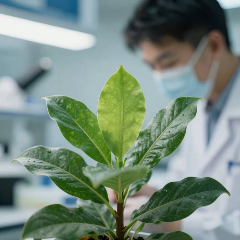 A macro shot of vibrant, high-quality botanical leaves being inspected in a clean, professional lab environment, using #3C6B6D tones.