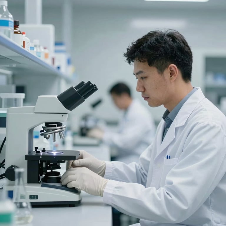 A laboratory professional in a white coat working with high-tech equipment, symbolizing scientific rigor and commitment.