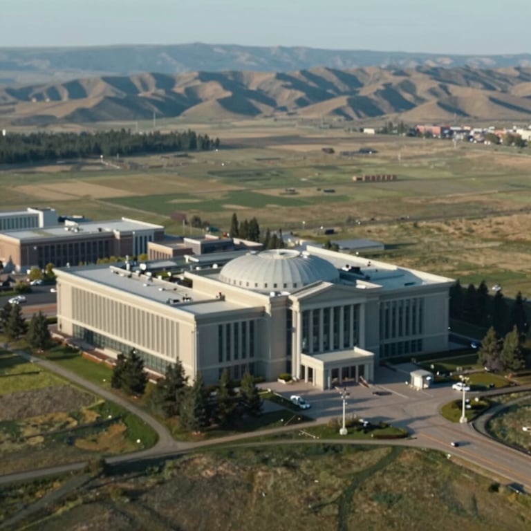 An aerial view of the Wyoming landscape, representing the natural heritage of the headquarters, with high contrast and natural light.