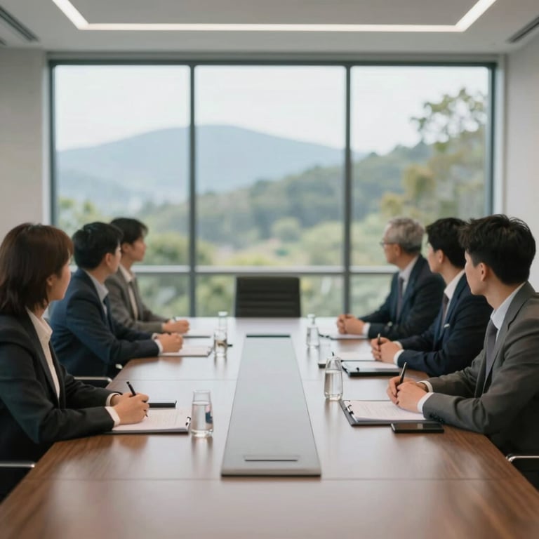 A sophisticated conference room overlooking nature, where global resource integration strategies are planned.