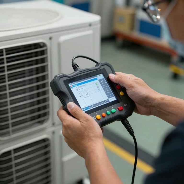 A technician's hands using a digital diagnostic tool on an air handler system, professional workshop environment.
