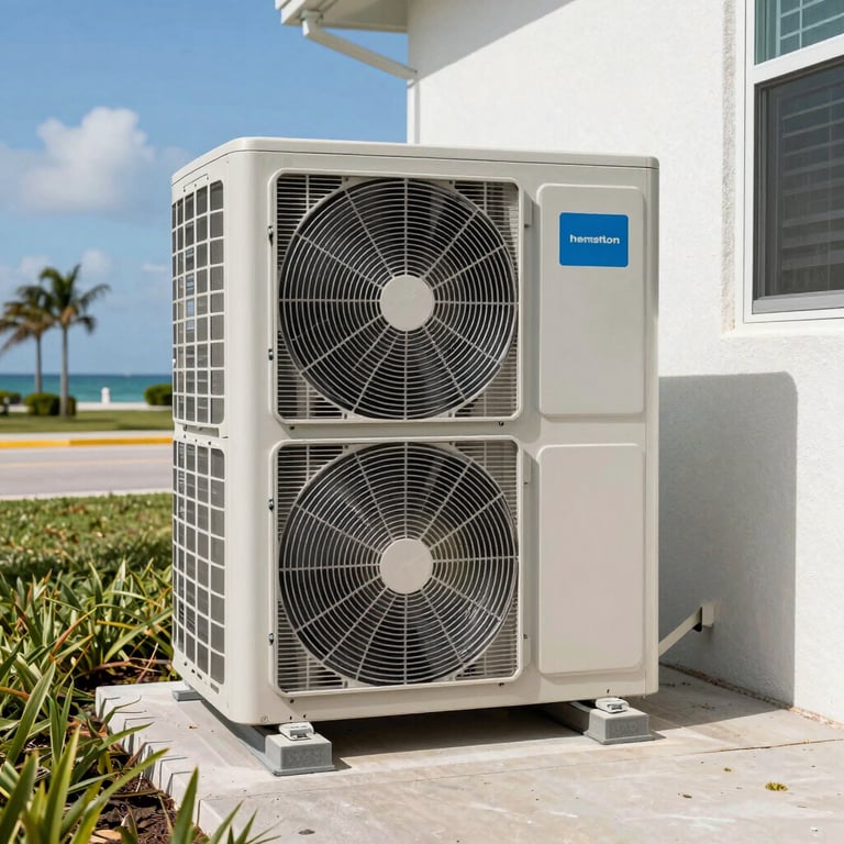 Modern central air conditioning unit installed outside a coastal Miami home, bright sunshine, clean composition.