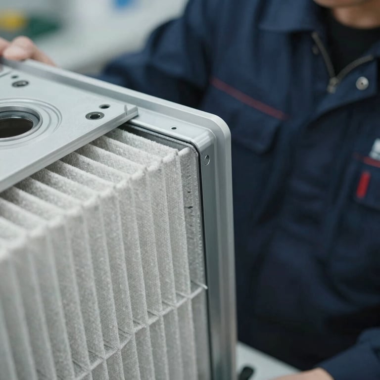 Close-up of a high-efficiency air filter being replaced by a technician in a dark navy blue uniform.