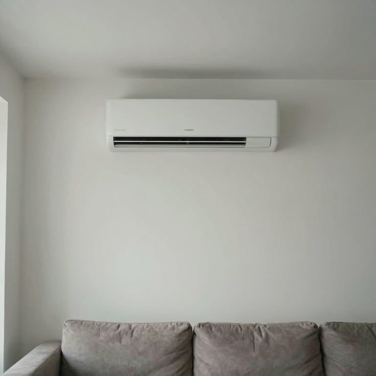 Interior shot of a minimalist Miami living room with a focus on a discreetly placed wall-mounted AC unit.