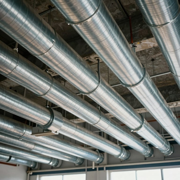 Rows of shiny, new air ducts installed in a commercial building ceiling, professional engineering photography.