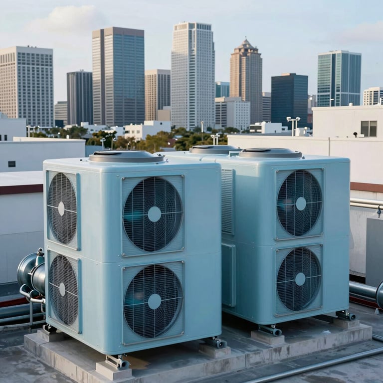 Large-scale commercial HVAC system on a industrial rooftop with the Miami skyline in the background, light steel blue tones.
