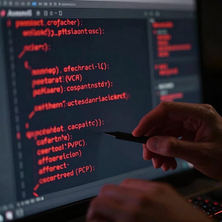 Close-up of a designer's hands meticulously coding on a dark-themed monitor, with abstract lines of code glowing in crimson red, low-key dramatic lighting, sharp macro focus.