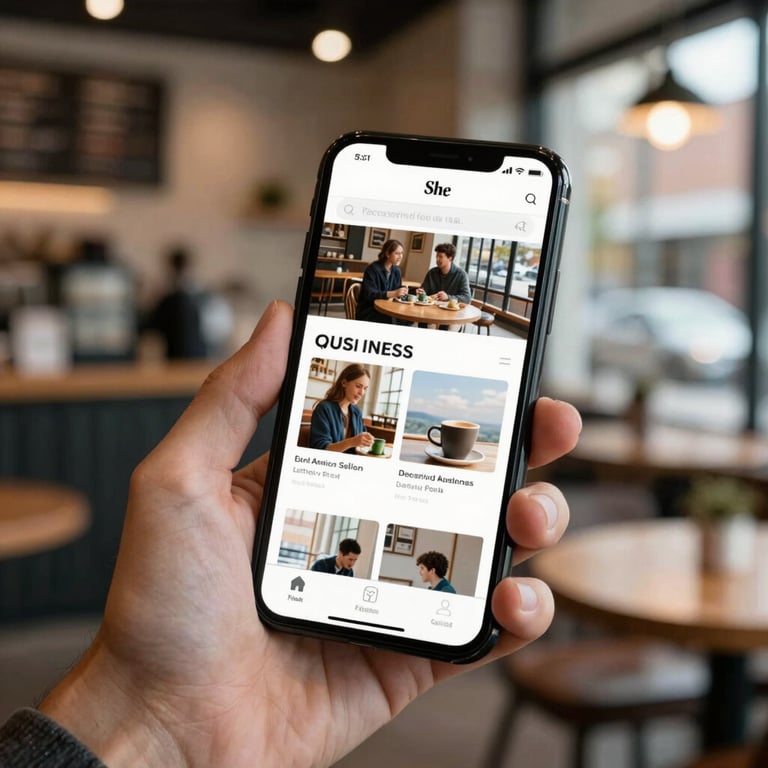A hand holding a smartphone showing a mobile-responsive business site, with a blurred North American / US urban cafe in the background.