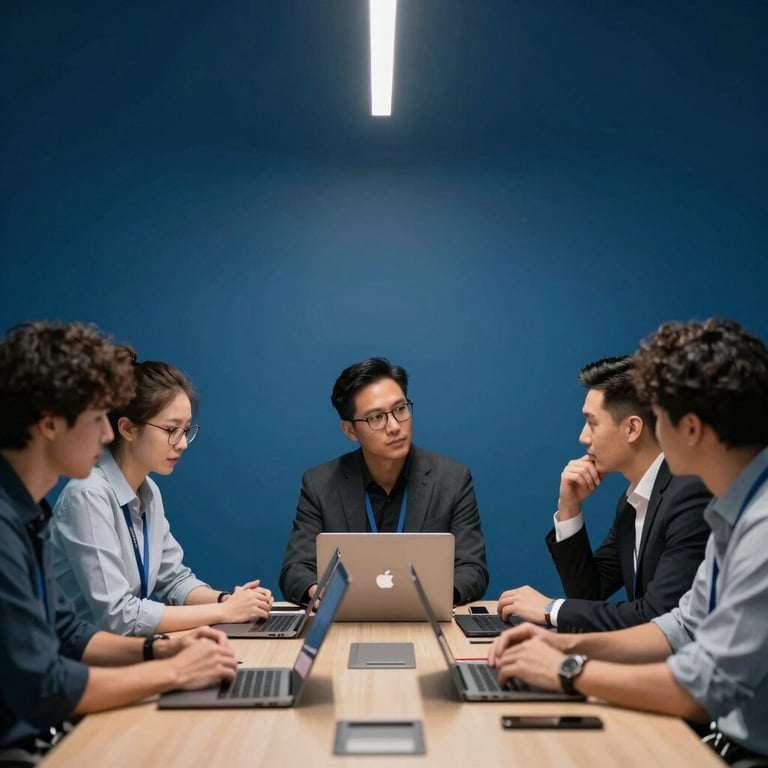 A group of focused professionals in a North American / US tech hub, collaborating around a conference table. Modern lighting, Deep Ocean Blue wall.