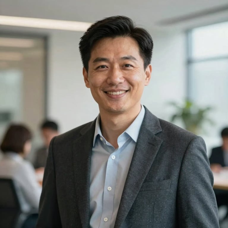 Portrait of a confident professional smiling in a bright North American / US corporate setting, wearing business casual attire.