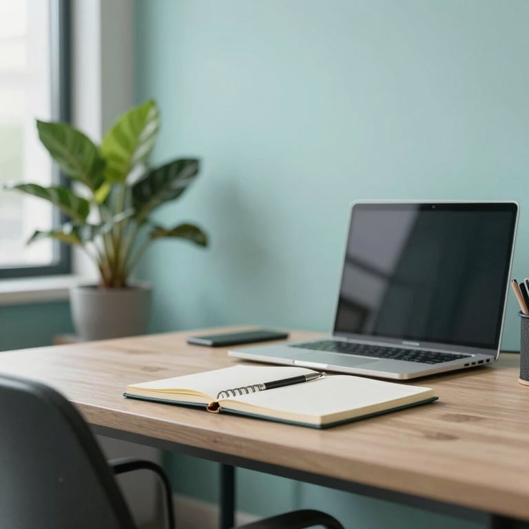 A clean, minimalist workspace in a North American / US startup incubator, featuring a plant and a notebook. Soft Teal color palette.