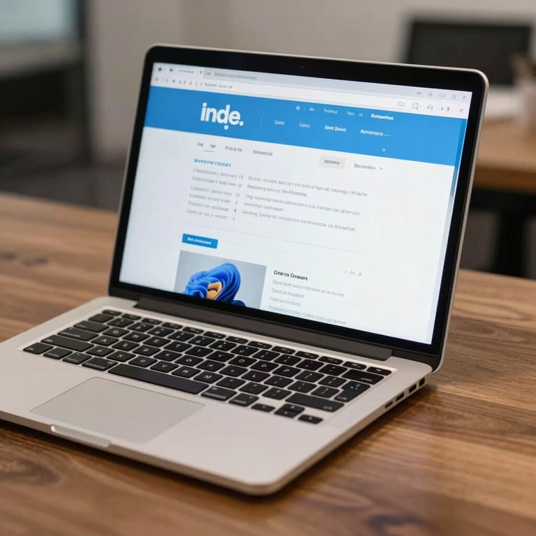 A close-up of a high-end laptop on a wooden desk in a North American / US office, displaying a clean website layout with Ice Blue accents.