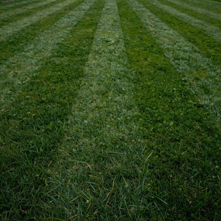 A lush, dark green lawn with perfectly straight mow lines, classic English estate setting.