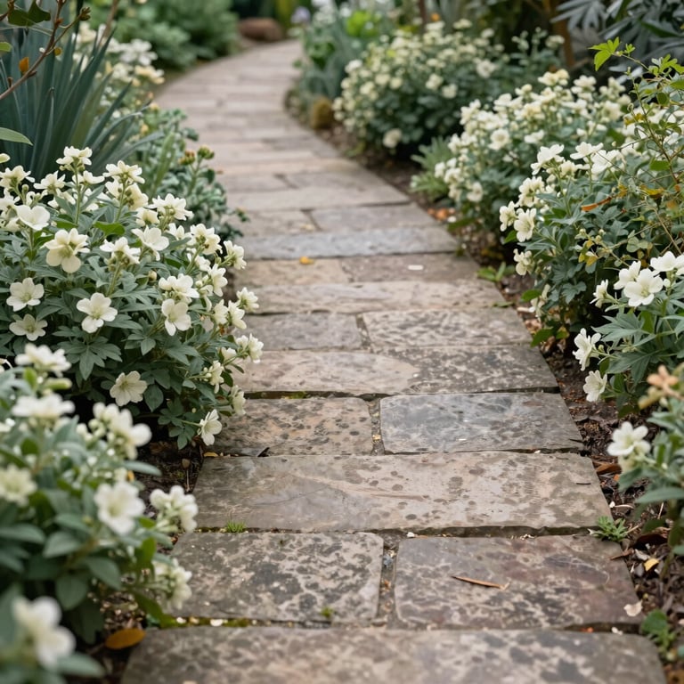A garden path made of weathered stone winding through light green shrubs and off-white flowers.