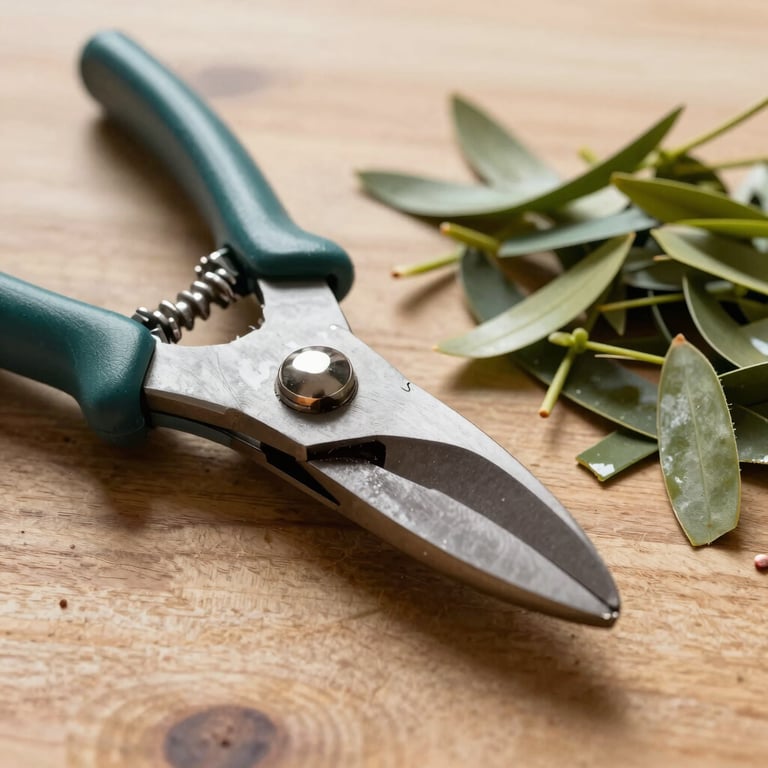 Close up of gardening shears next to a pile of olive green trimmings on a wooden table, Europeu / Britânico.