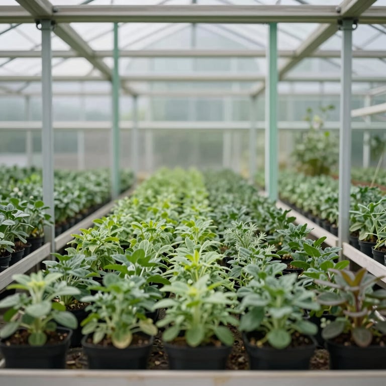 Rows of potted herbs in a greenhouse with pale green glass panes, organized and clean style.