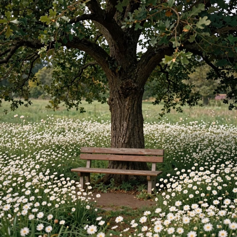 A small wooden bench under an old oak tree surrounded by a circle of off-white daisies, Europeu / Britânico.