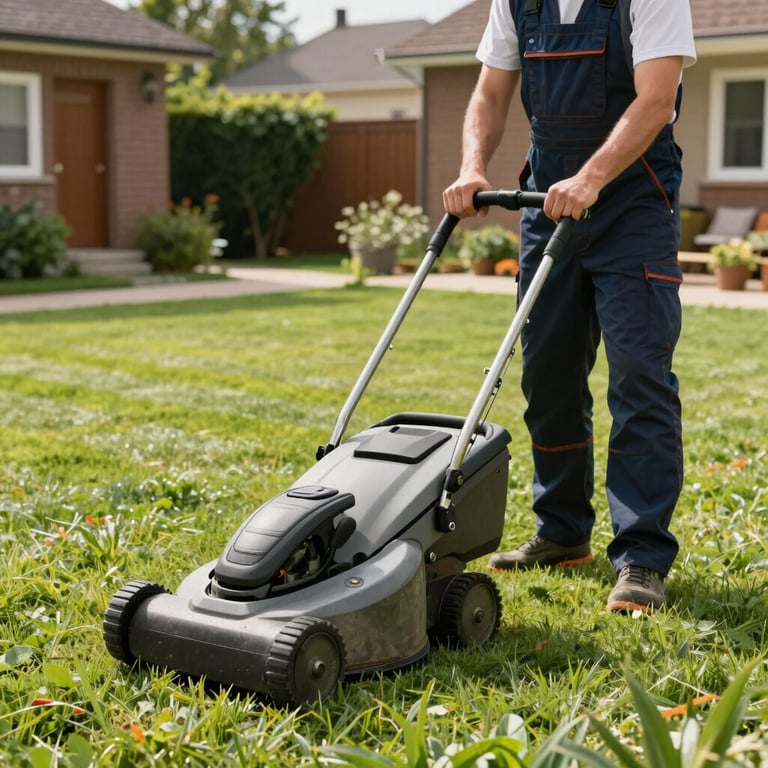 A professional gardener mowing a lawn in a suburban backyard, sharp lines in the grass, bright light, Europeu / Britânico.