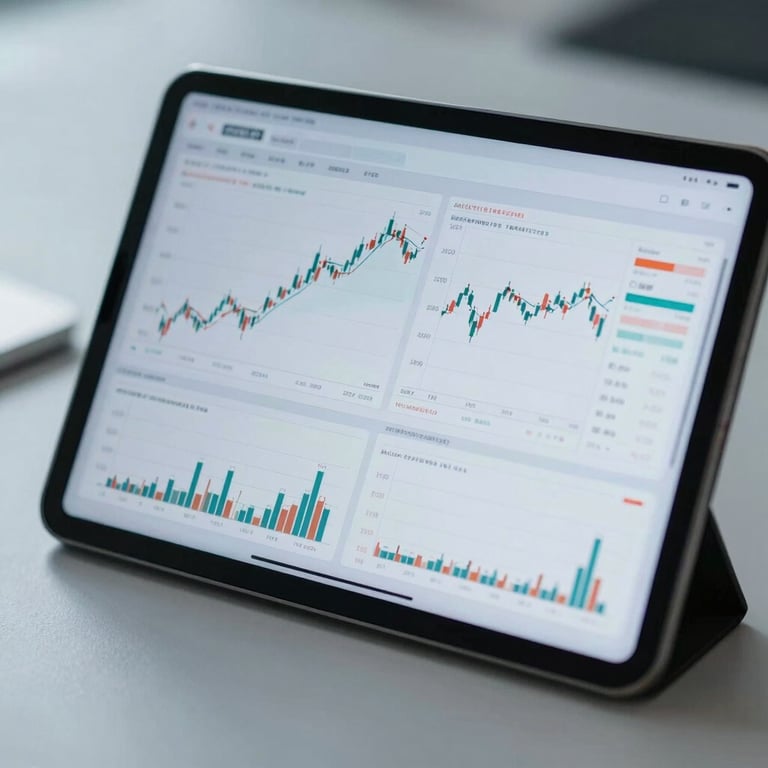 A tablet displaying complex financial data charts in a sophisticated office setting, with a palette of pale blue and light grey.