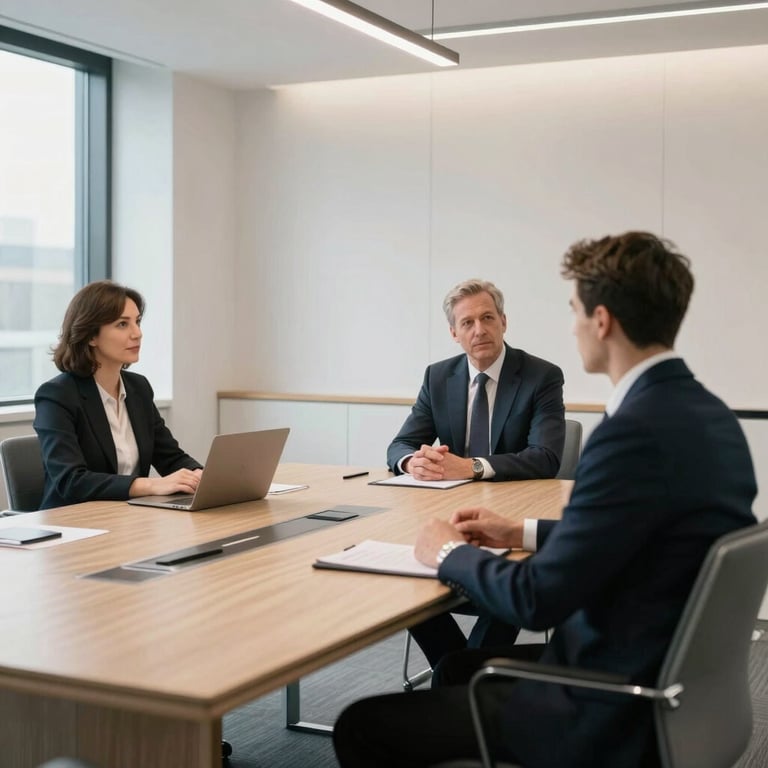 A professional meeting taking place in a bright, modern Cardiff boardroom with clean lines and high-end furniture.
