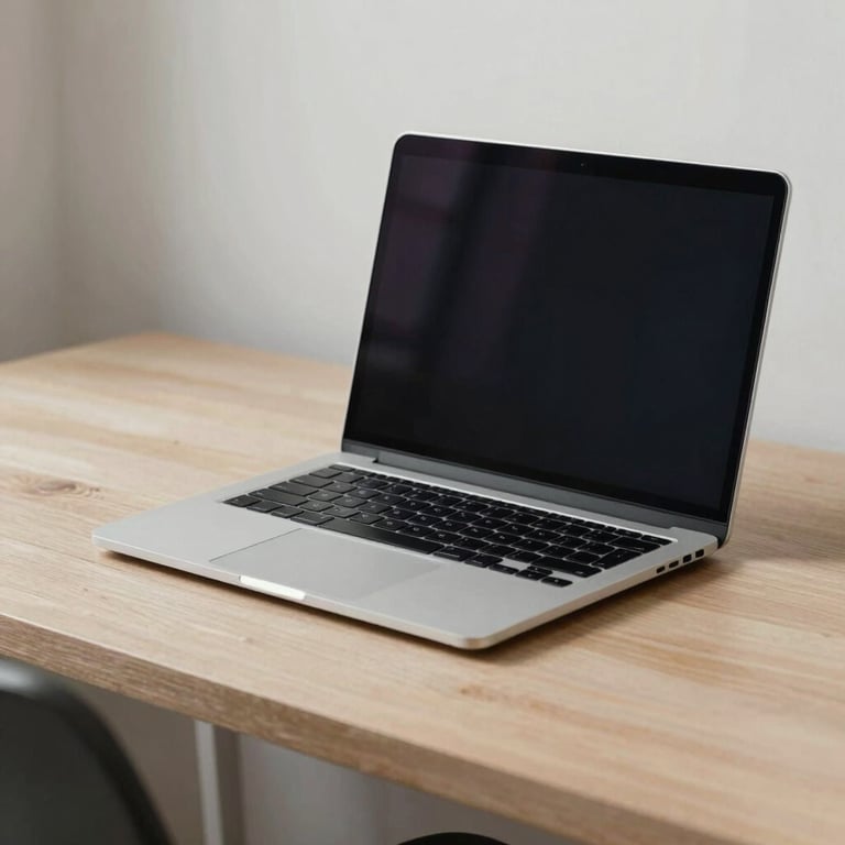 A minimalist British workspace featuring a laptop and architectural details, emphasizing clarity and modern analytical tools.