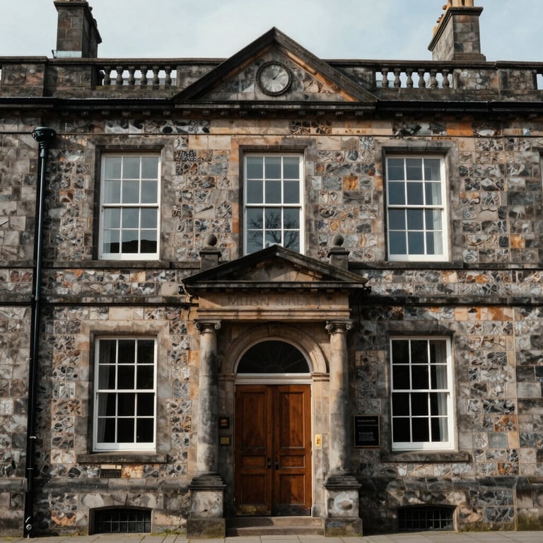 The facade of a historic stone building in South Wales, representing a strong foundation and corporate heritage.