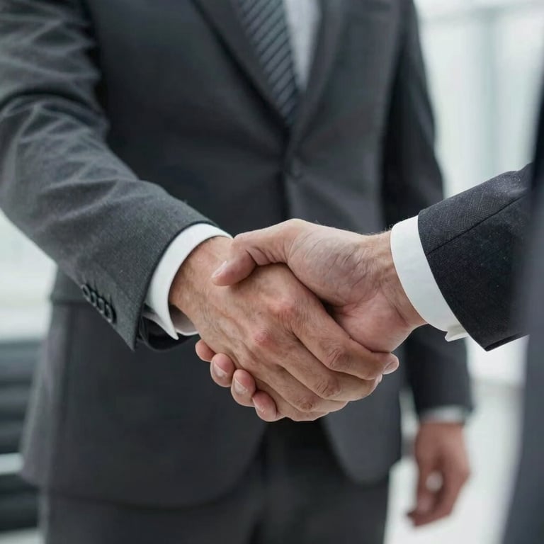 A close-up of a professional handshake between two businesspeople in tailored suits, suggesting trust and partnership.