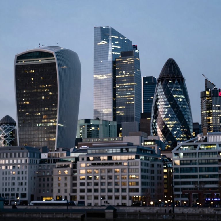 A blurred cityscape of London's financial district at twilight with dark navy and pale blue highlights, conveying British economic strength.