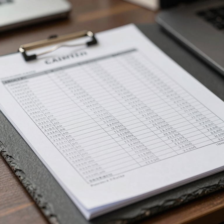 A tight macro crop of a clean physical financial spreadsheet on a slate desk, cool high-contrast interior office lighting, sharp focus, no people.