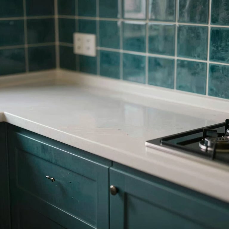 A before-and-after split of a deep-cleaned kitchen with dark teal tiles and gleaming soft off-white surfaces.