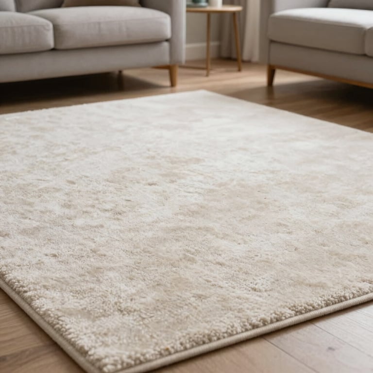 A spotless living room interior featuring dust-free surfaces and perfectly vacuumed soft off-white carpets.