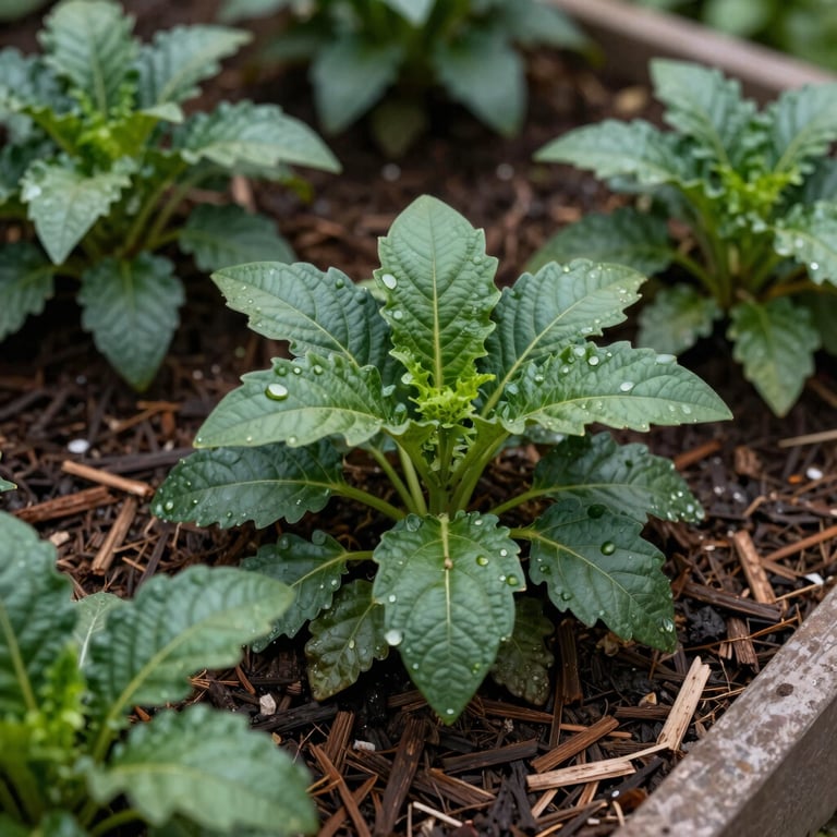 Detailed macro shot of a clean garden bed with fresh mulch and thriving deep forest green plants.