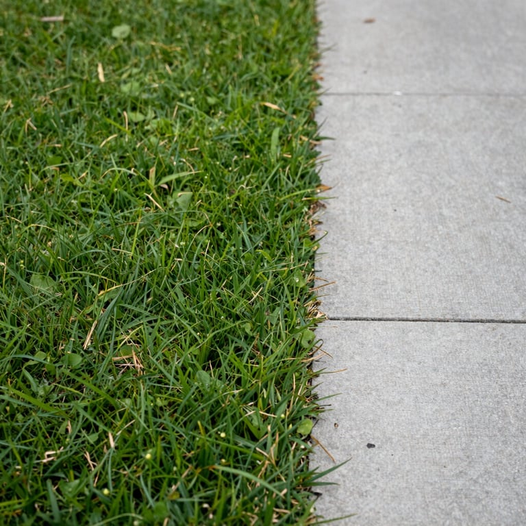 A close-up of a perfectly manicured lawn edge against a clean concrete path in a Melbourne suburb.
