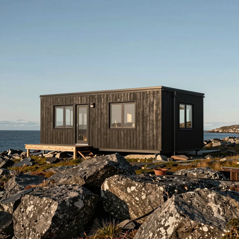 A finished modular home situated on a rugged Northern European coastline under a clear sky.