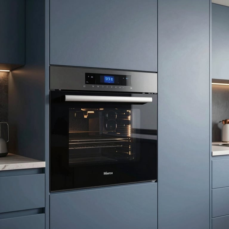 A modern kitchen interior with slate blue cabinetry and integrated energy-efficient appliances.