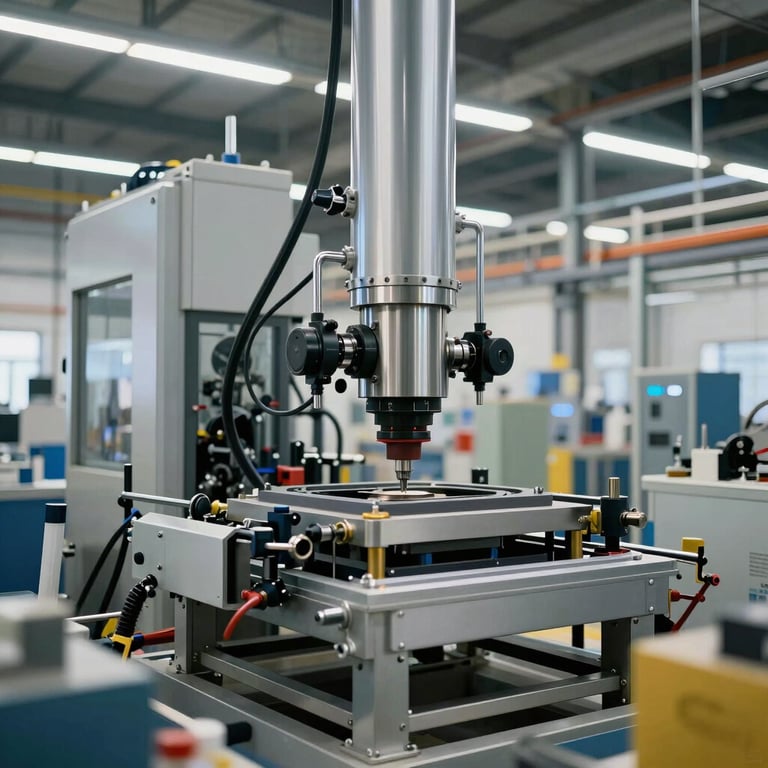 An architectural shot of the precision construction process within a modern, clean factory.
