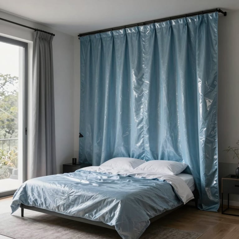 A minimalist bedroom in a modular home featuring sky steel blue textiles and soft natural light.