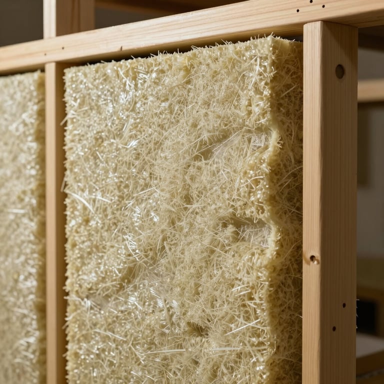 A close-up of high-quality sustainable insulation being applied within a modular framework.