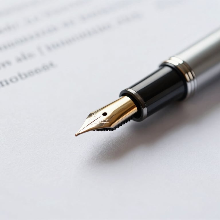 A high-quality close-up of a fountain pen and a clean document, symbolizing professional commitment and clarity.